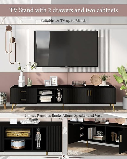 NicBex TV Stand for 75+ Inch TV Modern TV Media Console Table with 5 Champagne Legs and Versatile Storage,Entertainment Center with Storage for Living Room,Bedroom,70.9 Inch,Black - LeafyLoom