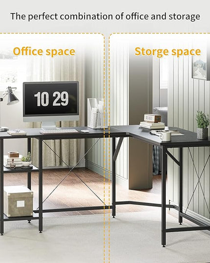CubiCubi L Shaped Desk, 59.1 Inch Reversible Corner Desk with Storage Shelves, Home Office Desk for Writing Gaming Study, Black - LeafyLoom