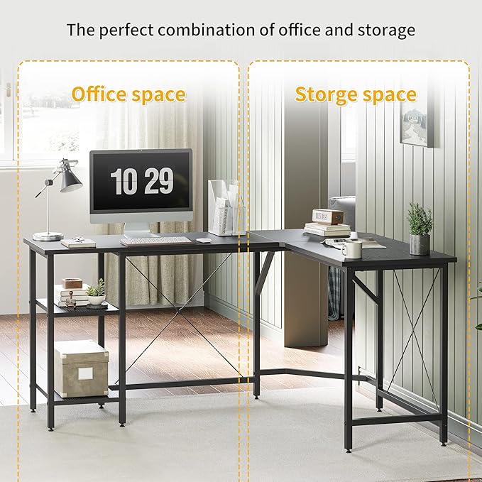 CubiCubi L Shaped Desk, 59.1 Inch Reversible Corner Desk with Storage Shelves, Home Office Desk for Writing Gaming Study, Black - LeafyLoom