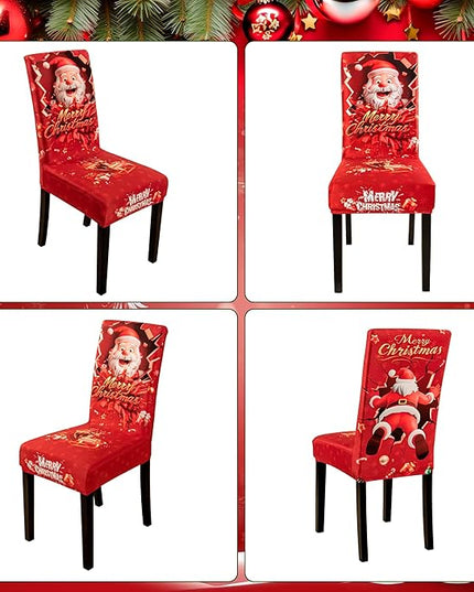4PCS Christmas Dining Chair Covers Stretch Removable Washable Dining Room Chair Protector Slipcover 3D Print Santa Claus Deer Kitchen Chair Cover Slipcovers Protector for Xmas Holiday Party Home Décor CZL