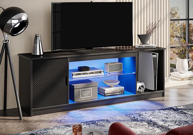 Bestier Led Entertainment Center for PS5, Gaming TV Stand with Cabinet for 60/65 Inch TV, Modern TV Console with Adjustable Glass Shelf for Living Room Easy Assembly Carbon Fiber Black - LeafyLoom