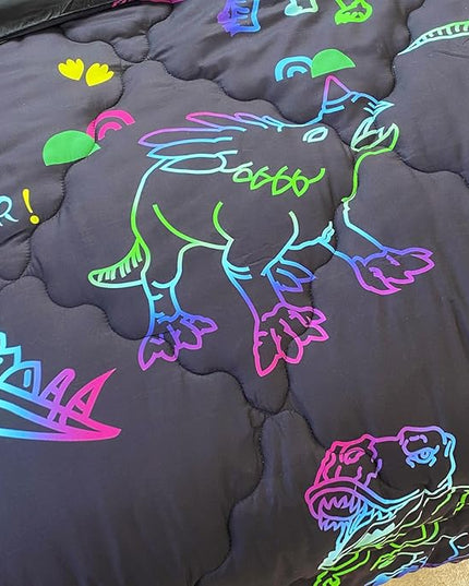 7 Piece Dinosaur Comforter Set -Twin Size for Boys 3D Print Sketch Dinosaur Bedding Set Bed in A Bag for Kids Teens Rainbow-Colored Gradient Line Animal Comforter - LeafyLoom
