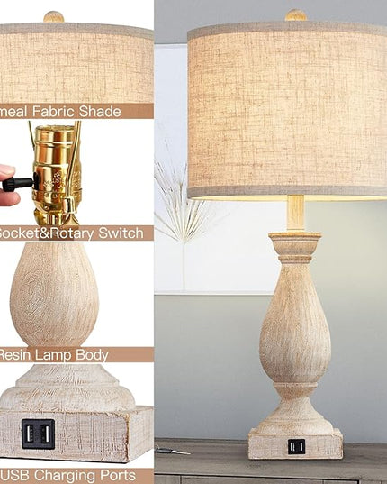 Farmhouse Table Lamps for Living Room Bedside Lamps for Nightstand Vintage Rustic Table Lamps for Bedrooms Set of 2 with USB Charging Ports Wooden Finish Bulbs Not Included - LeafyLoom