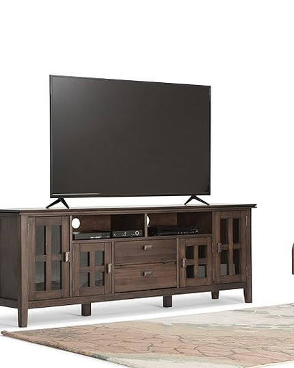 SIMPLIHOME Artisan SOLID WOOD 72 Inch Wide Transitional TV Media Stand in Natural Aged Brown for TVs up to 80 Inch, For the Living Room and Entertainment Center - LeafyLoom