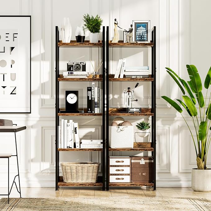 NUMENN Narrow Bookshelf, 5 Tier Bookshelves, Home Office Bookcase Shelf Storage Organizer, Free Standing Storage Shelving Unit for Bedroom, Living Room and Home Office, Vintage - LeafyLoom