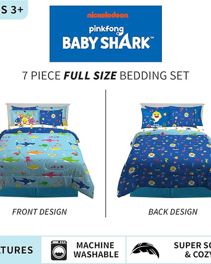 Franco Kids Bedding Super Soft Comforter and Sheet Set with Sham, 7 Piece Full Size, Baby Shark - LeafyLoom