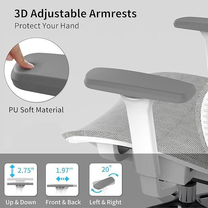 Ergonomic Office Chair with 3D Armrest, Big and Tall Computer Desk Chair with Adjustable Headrest, Seat Depth, Lumbar Support, Home Office Gaming Chair White - LeafyLoom