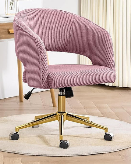 Rose Pink Office Chair, Corduroy Home Office Desk Chairs with Wheels and Gold Base, Mid Century Swivel Vanity Chair, Comfy Rolling Chair for Bedroom, Living Room, Study - LeafyLoom