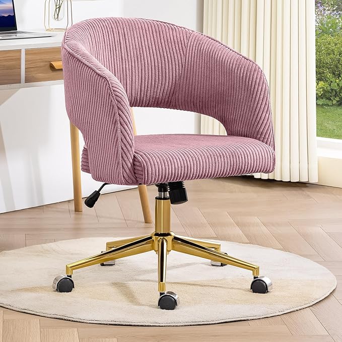 Rose Pink Office Chair, Corduroy Home Office Desk Chairs with Wheels and Gold Base, Mid Century Swivel Vanity Chair, Comfy Rolling Chair for Bedroom, Living Room, Study - LeafyLoom
