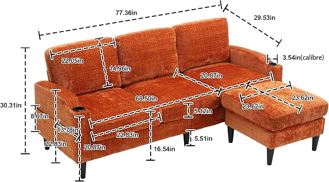 Convertible Sectional Sofa with Movable Storage Ottoman and Cupholders, 3 Seater L-Shaped Corner Couch,Chenille Upholstered Furniture w/Detachable Thicked Cushions for Living Room, Small Space - LeafyLoom