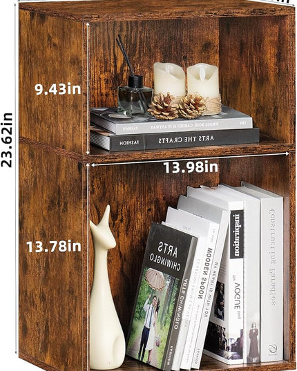 LEYAOYAO 2 Cube Bookshelf,Brown Record Player Stand Holds up to 100 Albums, Mini Wood Book Shelf Storage Organizer,Turntable Stand with Vinyl Storage Cabinet, Narrow Open Bookcase for Small Spaces - LeafyLoom