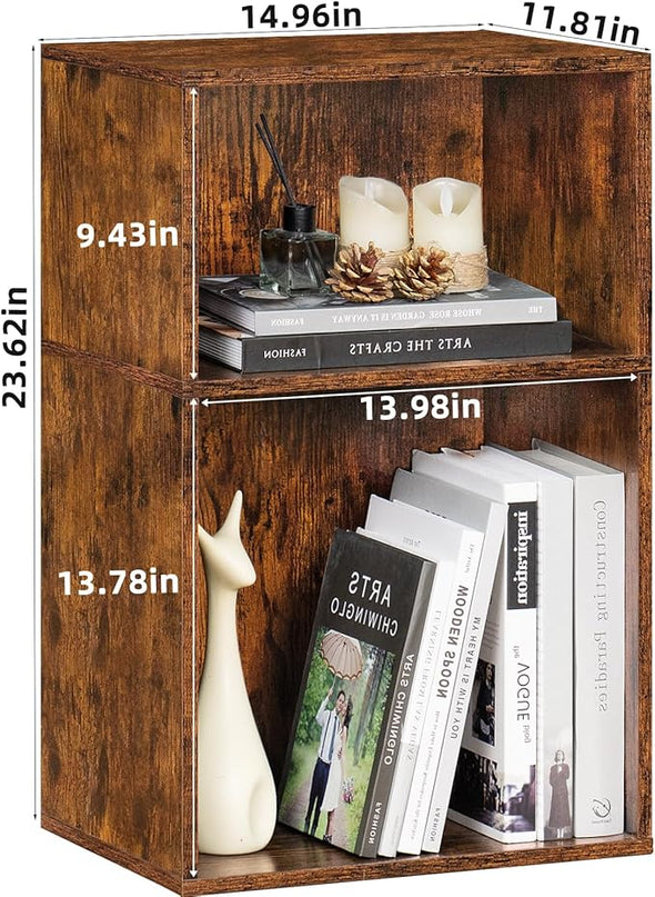 LEYAOYAO 2 Cube Bookshelf,Brown Record Player Stand Holds up to 100 Albums, Mini Wood Book Shelf Storage Organizer,Turntable Stand with Vinyl Storage Cabinet, Narrow Open Bookcase for Small Spaces - LeafyLoom