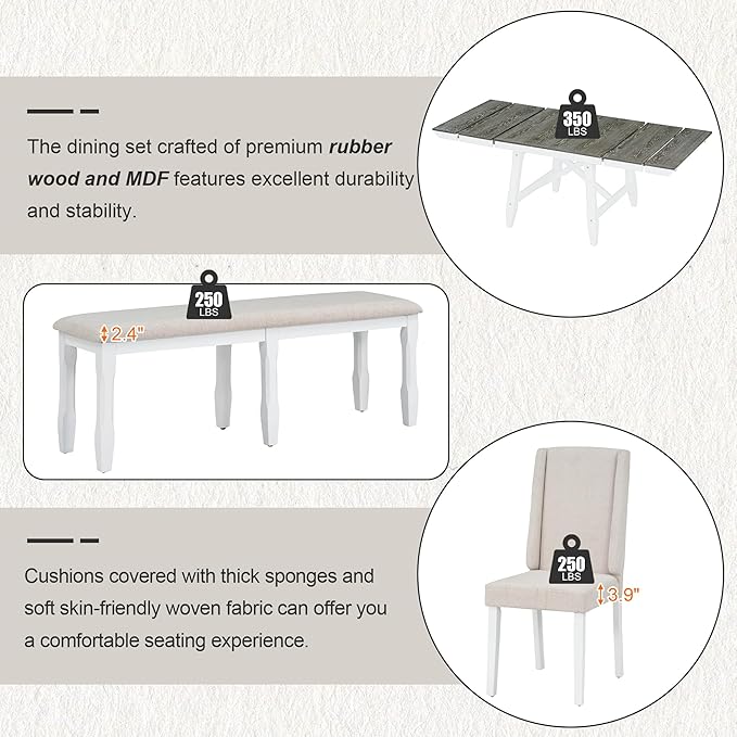 78Inch Dining Table Set for 6, Rectangular Extendable Dining Table with two 12" W Removable Leaves and 4 Upholstered Chairs & 1 Bench for Dining Room, Brown+White - LeafyLoom