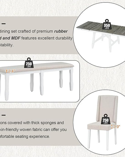 Classic Dining Table Set for 6 with 78" Extendable Rectangular Tabletop with Two 12" W Removable Leaves and 4 Upholstered Chairs & 1 Bench for Kitchen Living Room, Brown+White - LeafyLoom