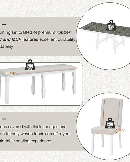 Classic, Rectangular Extendable 2, 12" W Removable Leaves and 4 Upholstered Chairs & 1 Bench, Room, Kitchen, 6 Piece Dining Table Set, Brown+White 32 - LeafyLoom