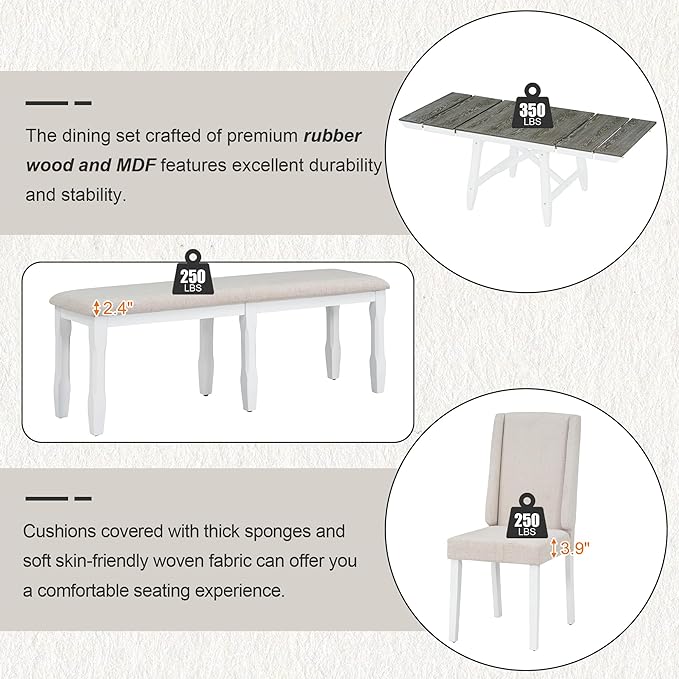 Classic, Rectangular Extendable 2, 12" W Removable Leaves and 4 Upholstered Chairs & 1 Bench, Room, Kitchen, 6 Piece Dining Table Set, Brown+White 32 - LeafyLoom