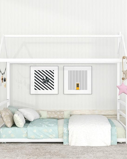 Bellemave Twin Size Montessori Floor Bed for Kids,Floor Bed with Roof, House Bed for Boys Girls,Metal House Shape Platform Bed Twin,White - LeafyLoom