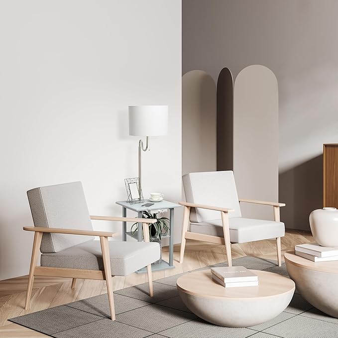 Simple Designs LF2016-GRY 57" Modern 2 Tier End Table Floor Lamp Combination with 2 x USB Charging Ports & Power Outlet with White Drum Fabric Shade for Bedroom, Living Room, Office, Gray - LeafyLoom
