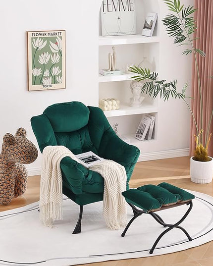 Welnow Lazy Chair with Ottoman, Modern Lounge Accent Chair with Armrests and a Side Pocket, Leisure Sofa Chair, Reading Chair with Footrest for Small Space, Corner Chair, Dark Green - LeafyLoom