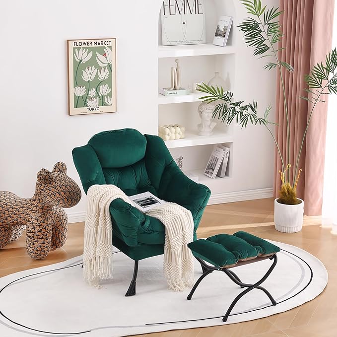 Welnow Lazy Chair with Ottoman, Modern Lounge Accent Chair with Armrests and a Side Pocket, Leisure Sofa Chair, Reading Chair with Footrest for Small Space, Corner Chair, Dark Green - LeafyLoom