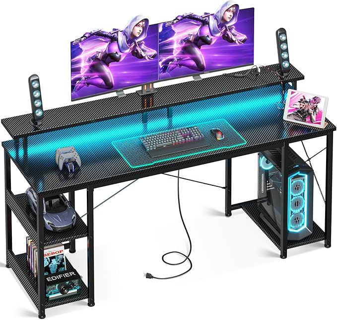 ODK 63 inch Computer Desk with Power Outlets & LED Lights, Gaming Desk with Monitor Stand & Storage Sheves, Home Office Desk, Carbon Fiber Black - LeafyLoom