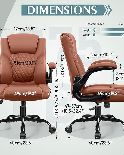 Leather Office Chair, PU Home Computer Desk Chairs with Ergonomic Back Support, 360°Swivel Free，Small Gmaing Chair with Wheels and Adjustable Armrests, for Short People Use, Brown - LeafyLoom