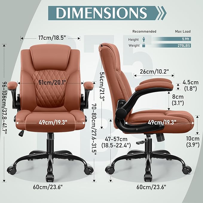 Leather Office Chair, PU Home Computer Desk Chairs with Ergonomic Back Support, 360°Swivel Free，Small Gmaing Chair with Wheels and Adjustable Armrests, for Short People Use, Brown - LeafyLoom