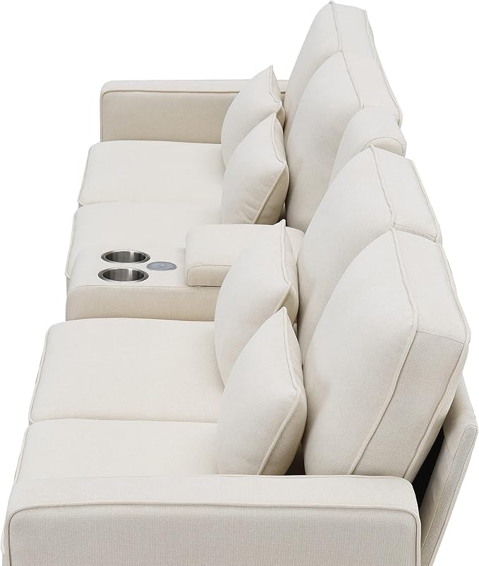 Upholstered Sectional Sofa with Console, 2 Cup Holders and 2 USB Ports & Wirelessly Charged, Modern Linen Fabric 4-Seat Couch with 4 Pillows for Living Room, Apartment, Office, 114.2inch - LeafyLoom