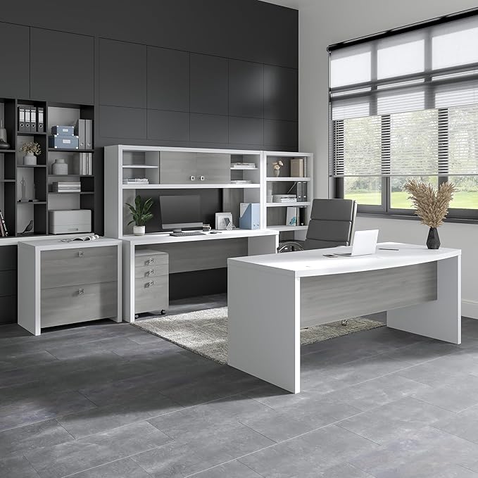 Bush Business Furniture Echo Computer Desk, 72W, Pure White and Shiplap Gray - LeafyLoom
