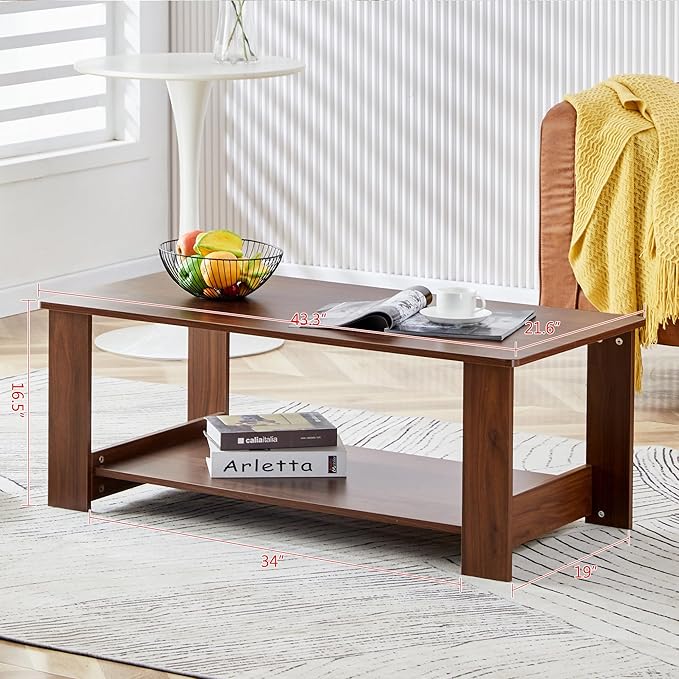 Farmhouse Wood Coffee Table - Boho Tea Table with Storage Shelf, Rectangle Center Table Wood Look Accent Table, 2-Tier Sofa Side Table Modern Rectangular Coffee Table Living Room Furniture - LeafyLoom