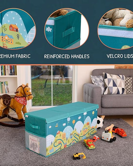 Extra Large Toy Storage Organizer with Lid - Sturdy, Collapsible Toy Chest Storage Box with Cute Design - Toys Bin with Dividers for Kids, Boys, Girls, Nursery, Bedroom, Play room 37"x16"x14" - LeafyLoom