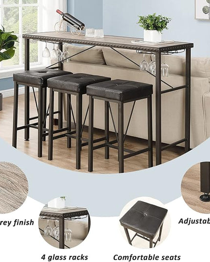O&K FURNITURE 4 Piece Long Bar Table and Chairs Set, Counter Height Table with 3 Cushion Stools, Behind Couch Bar Table, Industrial Dining Table Sets for Breakfast Nook Living Room Small Space - LeafyLoom
