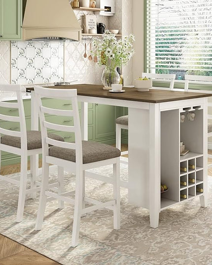 NicBex Small Kitchen Table Set for 4 Bar Table and Chairs Set 5-Piece Multi-Functional Rubber Wood Counter Height Dining Set with Padded Chairs for Dining Room, Brown+Whitewash - LeafyLoom