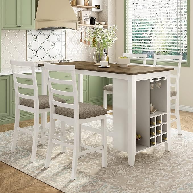 NicBex Small Kitchen Table Set for 4 Bar Table and Chairs Set 5-Piece Multi-Functional Rubber Wood Counter Height Dining Set with Padded Chairs for Dining Room, Brown+Whitewash - LeafyLoom