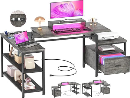 Aheaplus L Shaped Desk with Power Outlet, Standing Home Office Desk with Lift Top and File Drawer, 63'' Corner Computer Desk with Monitor Stand&Printer Shelves, Gaming Desk with Led Lights, Grey Oak - LeafyLoom