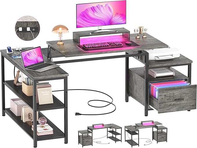 Aheaplus L Shaped Desk with Power Outlet, Standing Home Office Desk with Lift Top and File Drawer, 63'' Corner Computer Desk with Monitor Stand&Printer Shelves, Gaming Desk with Led Lights, Grey Oak - LeafyLoom