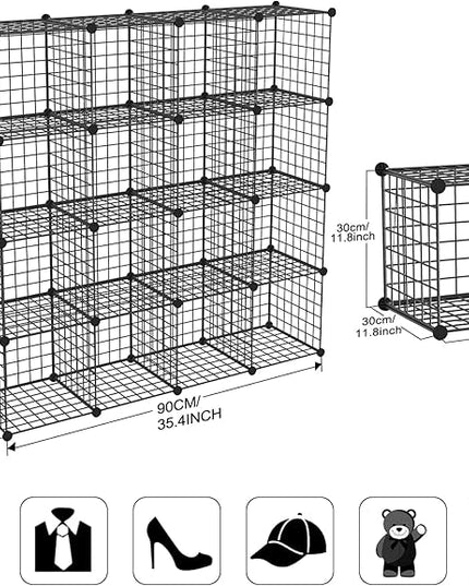 TUMUCUTE Wire Storage Cubes, Metal Storage Shelves Bookshelf, Stackable Modular Closet Organizer for Bedroom Living Room, Office, Black (16 Cubes, Iron) - LeafyLoom