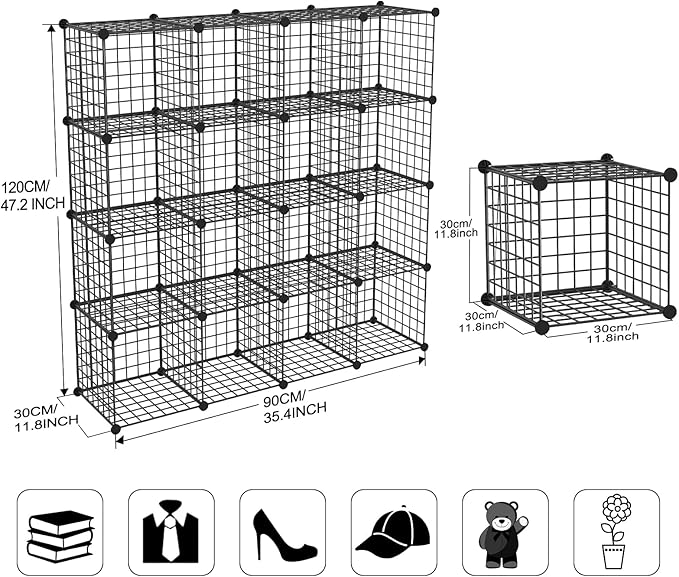 TUMUCUTE Wire Storage Cubes, Metal Storage Shelves Bookshelf, Stackable Modular Closet Organizer for Bedroom Living Room, Office, Black (16 Cubes, Iron) - LeafyLoom