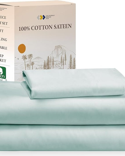 California Design Den Soft 100% Cotton Sheets Twin Size Bed Sheet Sets with Deep Pockets, 3 Pc Twin Sheets with Sateen Weave for Dorm Rooms, College, Cooling Sheets (Seafoam) - LeafyLoom