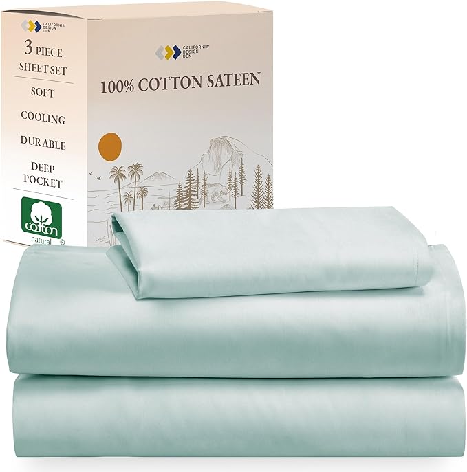 California Design Den Soft 100% Cotton Sheets Twin Size Bed Sheet Sets with Deep Pockets, 3 Pc Twin Sheets with Sateen Weave for Dorm Rooms, College, Cooling Sheets (Seafoam) - LeafyLoom