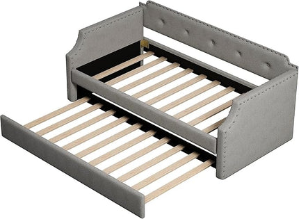 Twin Size Linen Upholstered Daybed with Trundle,Wooden Frame Armrests Bed,W/Wood Slat Support,Arched Back & Nailhead Trim,for Kids,Dorms and Guest Bedrooms,Gray - LeafyLoom
