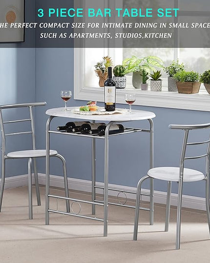 VECELO 3 Piece Small Round Dining Table Set for Kitchen Breakfast Nook, Wood Grain Tabletop with Wine Storage Rack, Save Space, 31.5", White & Silver - LeafyLoom