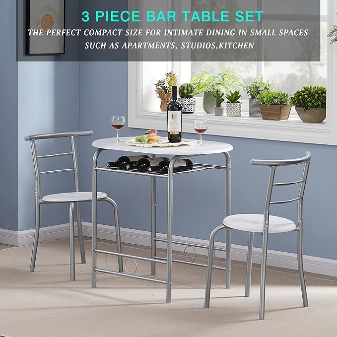 VECELO 3 Piece Small Round Dining Table Set for Kitchen Breakfast Nook, Wood Grain Tabletop with Wine Storage Rack, Save Space, 31.5", White & Silver - LeafyLoom