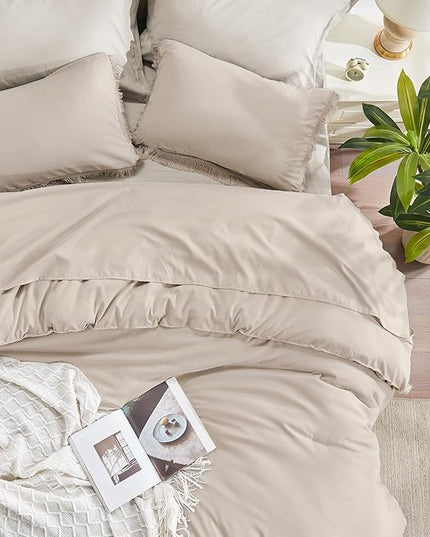 Andency Oatmeal Comforter Set Full Size, 3 Pieces Boho Tassel Lightweight Bedding Comforter Sets, All Season Soft Fluffy Fringe Bed Set (79x90In Comforter & 2 Pillowcases) - LeafyLoom