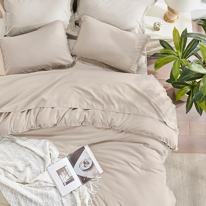 Andency Oatmeal Comforter Set Twin Size, 2 Pieces Boho Tassel Lightweight Bedding Comforter Sets, All Season Soft Fluffy Fringe Bed Set (66x90In Comforter & 1 Pillowcase) - LeafyLoom