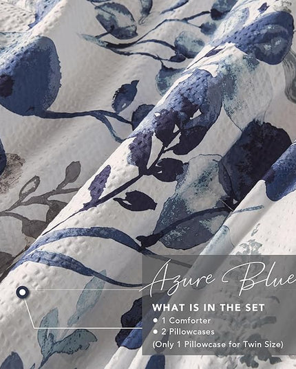 Codi Floral Queen Comforter Set for Womens, Spring Lavender Bedding Sets with Soft Seersucker 3pcs - 1 Flower Comforters and 2 Pillows Case, Blue - LeafyLoom