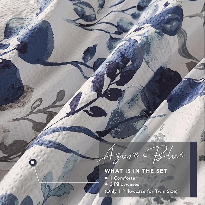 Codi Floral Queen Comforter Set for Womens, Spring Lavender Bedding Sets with Soft Seersucker 3pcs - 1 Flower Comforters and 2 Pillows Case, Blue - LeafyLoom