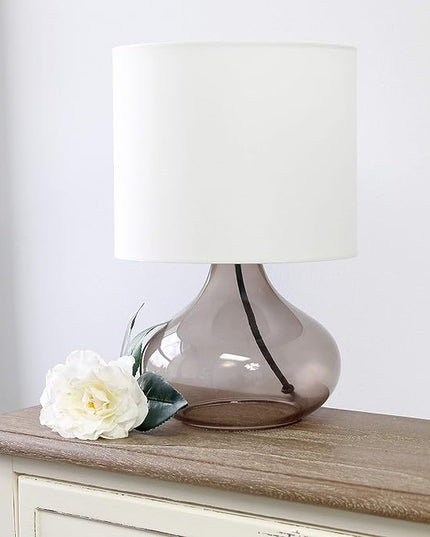 Simple Designs LT2063-SMW Small Glass Raindrop Bedside Table Lamp with White Fabric Shade, Smoke Gray - LeafyLoom