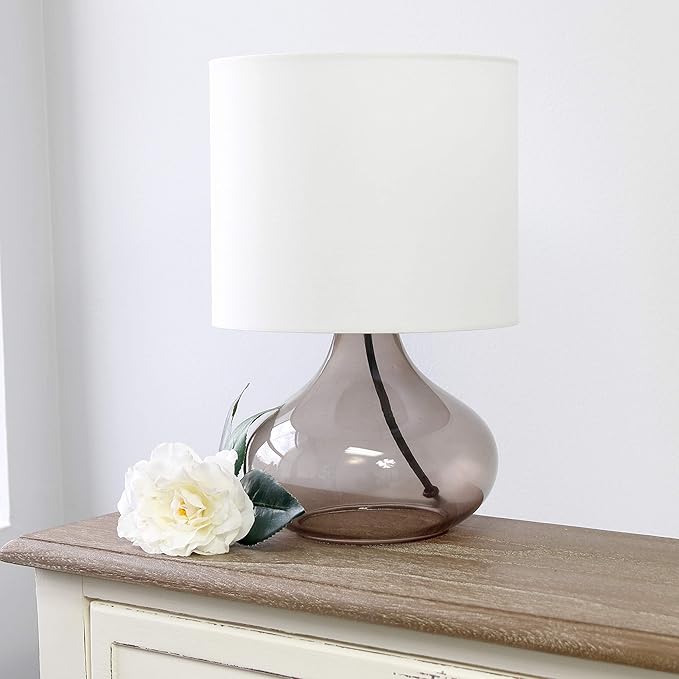 Simple Designs LT2063-SMW Small Glass Raindrop Bedside Table Lamp with White Fabric Shade, Smoke Gray - LeafyLoom
