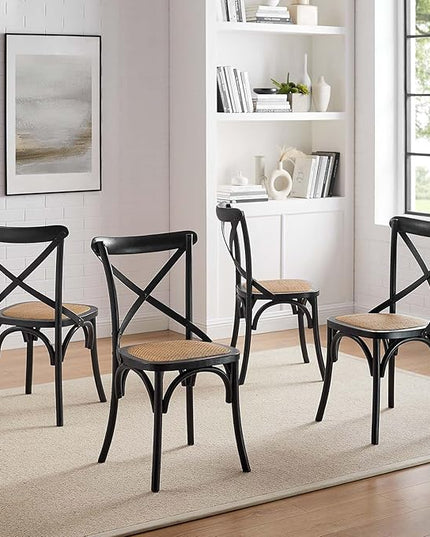 Modway Gear Rustic Modern Farmhouse Elm Wood Rattan Four Dining Chairs in Black - LeafyLoom
